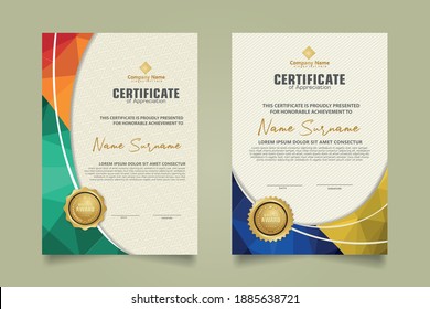 Set modern certificate template with triangle geometric polygon on circular lines ornate background