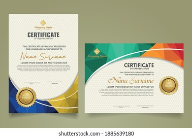 Set modern certificate template with triangle geometric polygon on circular lines ornate background