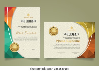 Set modern certificate template with triangle geometric polygon on circular lines ornate background