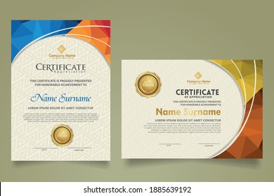 Set modern certificate template with triangle geometric polygon on circular lines ornate background