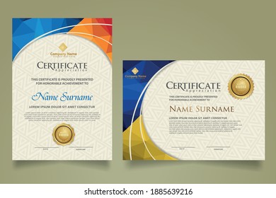 Set modern certificate template with triangle geometric polygon on circular lines ornate background