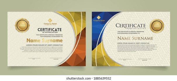 Set modern certificate template with triangle geometric polygon on circular lines ornate background