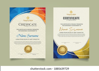 Set modern certificate template with triangle geometric polygon on circular lines ornate background