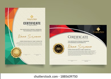 Establecer una plantilla de certificado moderna con polígono geométrico triangular en líneas circulares con fondo ornamental