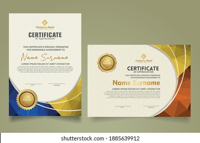 Establecer una plantilla de certificado moderna con polígono geométrico triangular en líneas circulares con fondo ornamental
