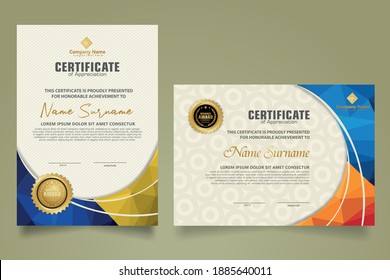 Set modern certificate template with triangle geometric polygon on circular lines ornate background