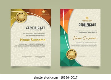 Set modern certificate template with triangle geometric polygon on circular lines ornate background