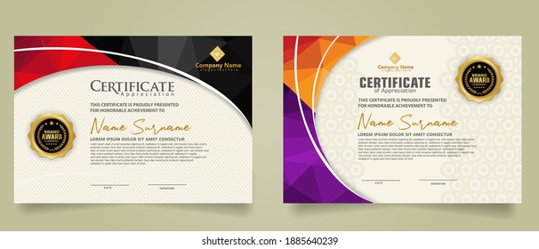 Set modern certificate template with triangle geometric polygon on circular lines ornate background