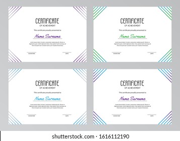 Set of modern certificates with gradient multicolored lines on the white background. Usable for educational courses, contests, training. A4 standard scaled size. Vector illustration