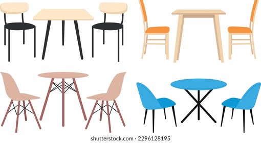 Set of modern chairs and tables in a cartoon style. Vector illustration of various modern types of chairs and tables for interior spaces: home kitchen, office, restaurant isolated on white background.