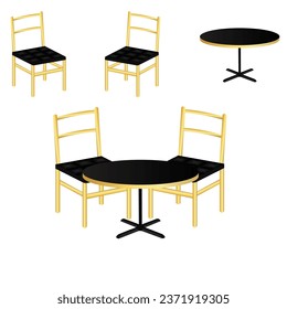 Set of modern chairs and tables in a cartoon style. Vector illustration of various modern types of chairs and tables for interior spaces: home kitchen, office, restaurant isolated on white background.