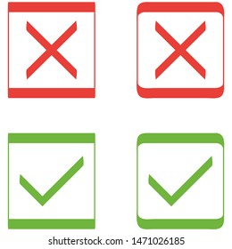 Set of Modern Check Mark Icons in Red, Green Monochrome Colors Isolated on White Background. Vector Illustration