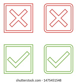 Set of Modern Check Mark Icons in Red, Green Monochrome Colors Isolated on White Background. Vector Illustration