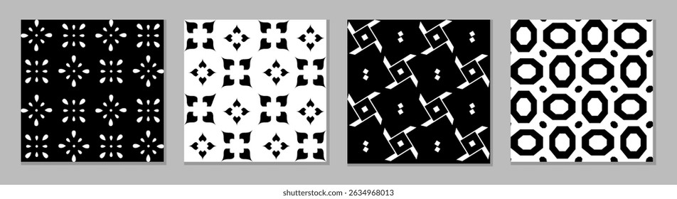 Conjunto de geometria preto e branco padrão contínuo. Ideias de padrão imprimíveis vetoriais para têxteis, decoração doméstica, modelo, papel de parede, laminados. Ilustração de vetor desenhada à mão.
