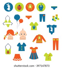 Set of modern children's clothes icon. Dress child. Vector.