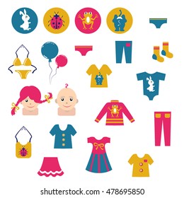 Set of modern children's clothes icon. Dress children. Vector.
