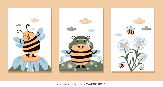 A set of modern, children's flat posters with cute bees and flowers. Vector design for posters, backgrounds, postcards, and more.
