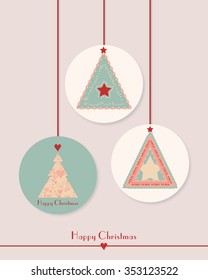 Set of modern Christmas bauballs or tags, in pink and teal, with tree, with tree and star elements. 
