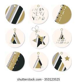 Set of modern Christmas bauballs or tags, in gold and black, with tree, with star and stripe elements.