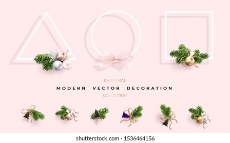 Set of modern Christmas decorations. Geometric shapes and xmas wreaths of Christmas tree branches and toys. New years collection.