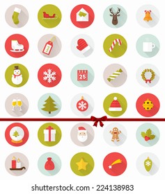 Set of Modern Christmas Flat Style Icons with Long Shadows. Holiday Xmas Design. Vector.