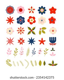 Set of modern Christmas flowers, leaves, branches, stars. Poinsettia, amaryllis, mistletoe, holly flowers. Modern vintage Christmas. Scandinavian x-mas holidays. New Year. Playful stickers, icons