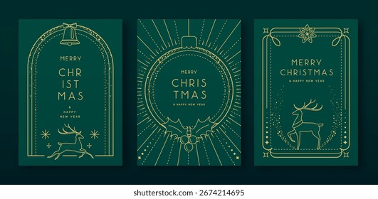 Conjunto de marcos modernos de Navidad o tarjetas de felicitación de vacaciones sobre fondo verde esmeralda. Ilustración vectorial de arte de línea