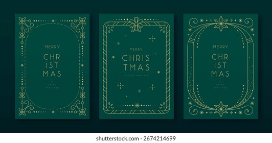 Set of modern Christmas frames or holiday greeting cards on emerald green background. Line art vector illustration
