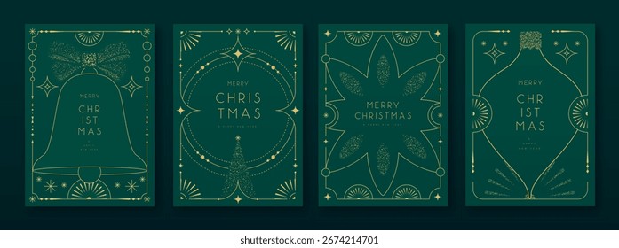 Conjunto de marcos modernos de Navidad o tarjetas de felicitación de vacaciones sobre fondo verde esmeralda. Ilustración vectorial de arte de línea