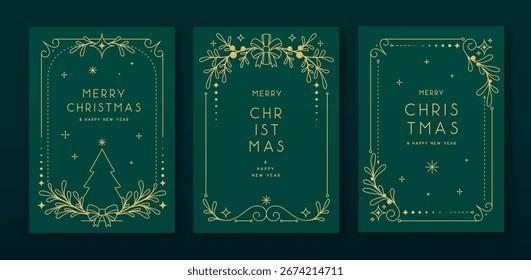 Set of modern Christmas frames or holiday greeting cards on emerald green background. Line art vector illustration