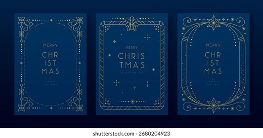 Conjunto de marcos modernos de Navidad o tarjetas de felicitación de vacaciones sobre fondo azul. Ilustración vectorial de arte de línea