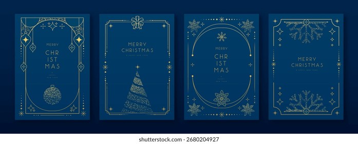 Set of modern Christmas frames or holiday greeting cards on blue background. Line art vector illustration