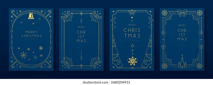 Set of modern Christmas frames or holiday greeting cards on blue background. Line art vector illustration