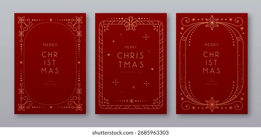 Set aus modernen Weihnachtsrahmen oder Feiertagsgrußkarten auf rotem Hintergrund. Vektorgrafik der Linienkunst