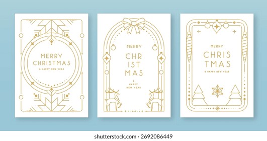 Set of modern Christmas frames or holiday greeting cards on white background. Line art vector illustration