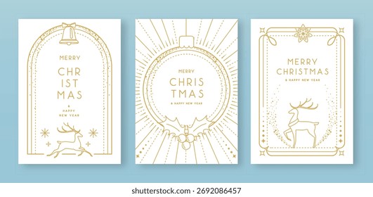 Conjunto de marcos modernos de Navidad o tarjetas de felicitación de vacaciones sobre fondo blanco. Ilustración vectorial de arte de línea