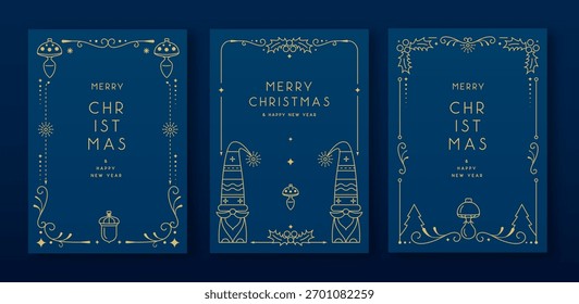 Conjunto de molduras modernas de Natal ou cartões de felicitações de férias em fundo azul. Ilustração vetorial de arte de linha