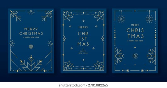 Conjunto de molduras modernas de Natal ou cartões de felicitações de férias em fundo azul. Ilustração vetorial de arte de linha