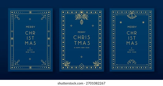 Set of modern Christmas frames or holiday greeting cards on blue background. Line art vector illustration