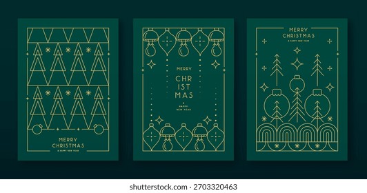 Set of modern Christmas frames or holiday greeting cards on emerald green background. Line art vector illustration
