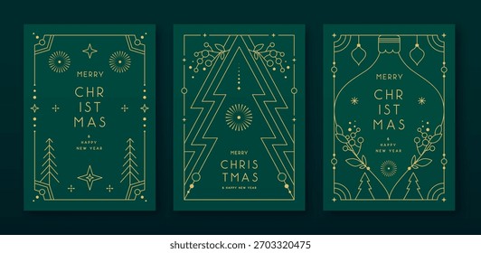 Set of modern Christmas frames or holiday greeting cards on emerald green background. Line art vector illustration