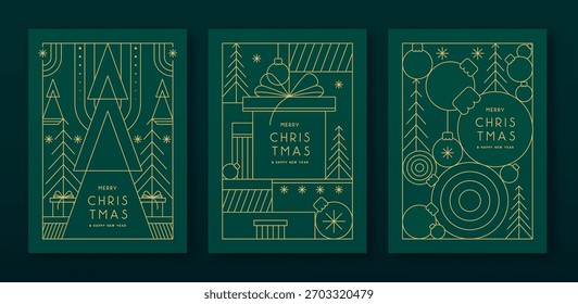 Conjunto de marcos modernos de Navidad o tarjetas de felicitación de vacaciones sobre fondo verde esmeralda. Ilustración vectorial de arte de línea