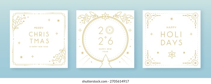 Set of modern Christmas frames or holiday greeting cards on white background. Line art vector illustration