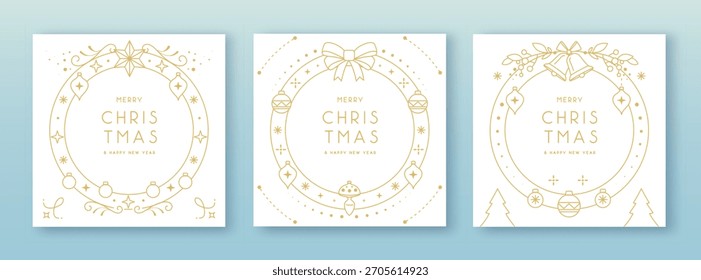 Set of modern Christmas frames or holiday greeting cards on white background. Line art vector illustration