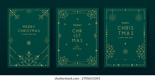 Conjunto de marcos modernos de Navidad o tarjetas de felicitación de vacaciones sobre fondo verde esmeralda. Ilustración vectorial de arte de línea