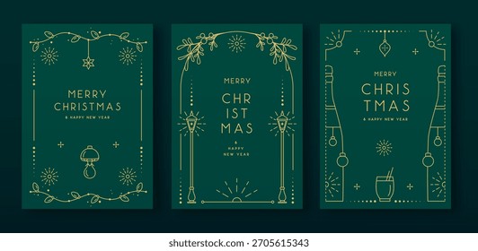 Set of modern Christmas frames or holiday greeting cards on emerald green background. Line art vector illustration