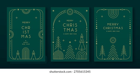 Set of modern Christmas frames or holiday greeting cards on emerald green background. Line art vector illustration