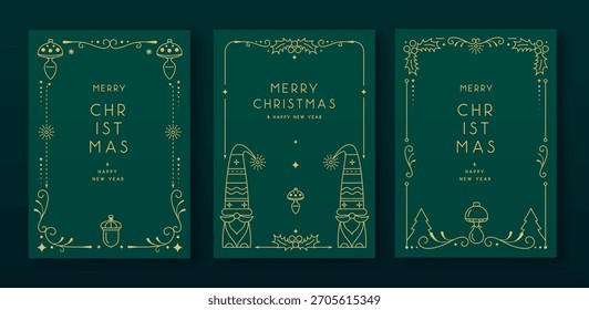 Conjunto de molduras modernas de Natal ou cartões de felicitações de férias no fundo verde esmeralda. Ilustração vetorial de arte de linha