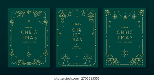 Set of modern Christmas frames or holiday greeting cards on emerald green background. Line art vector illustration
