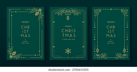 Set of modern Christmas frames or holiday greeting cards on emerald green background. Line art vector illustration